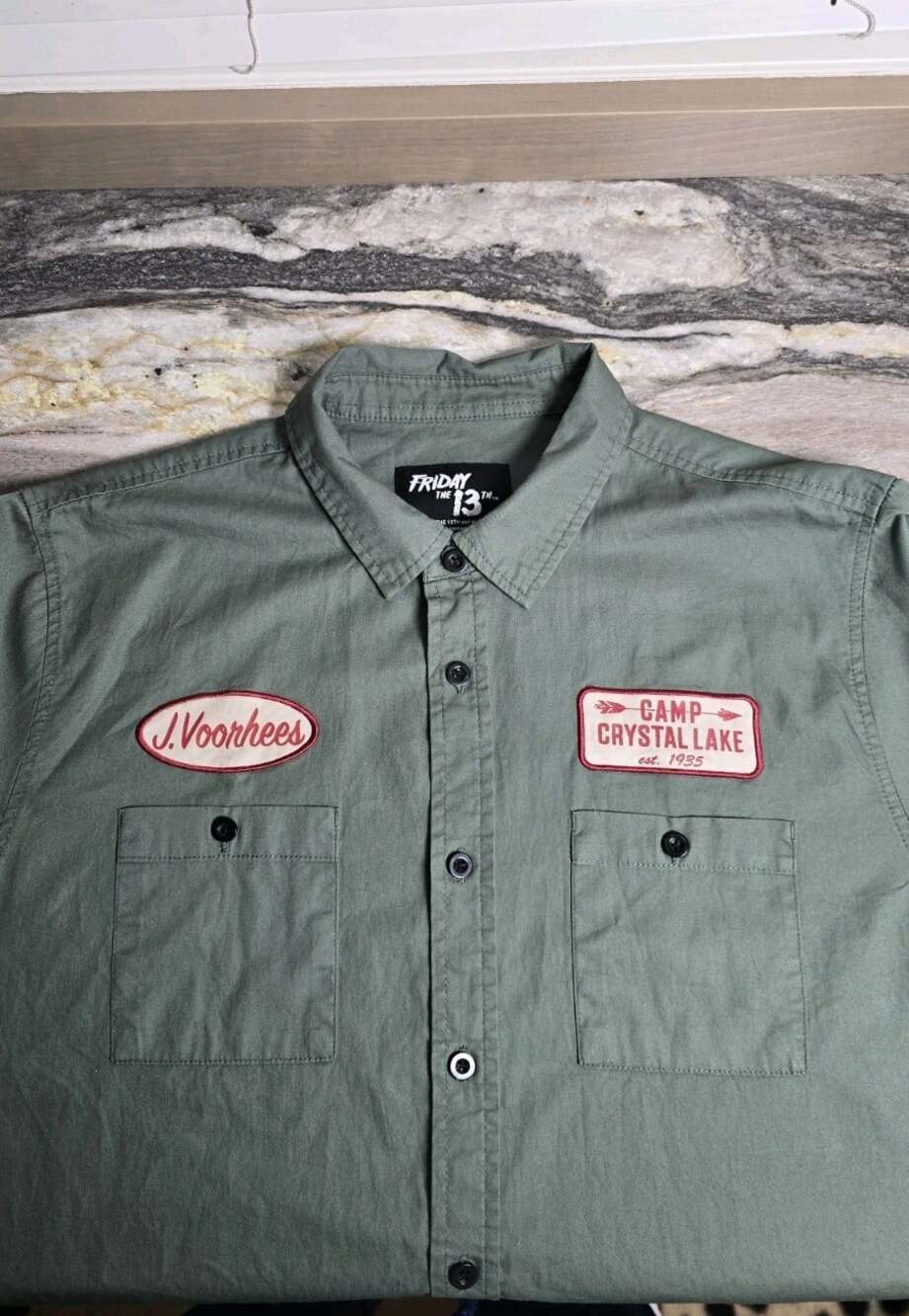 Friday the 13th Jason Voorhees Camp Crystal Lake Work Shirt Men’s Large Green - Picture 4 of 11